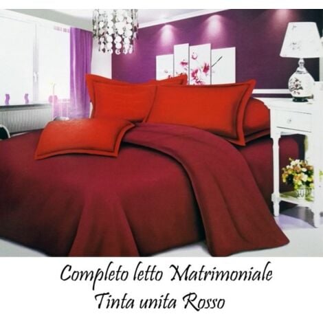Trade Shop - Completo Letto Lenzuola Matrimoniale Con Copri Cuscini Tinta Unita Colore Rosso