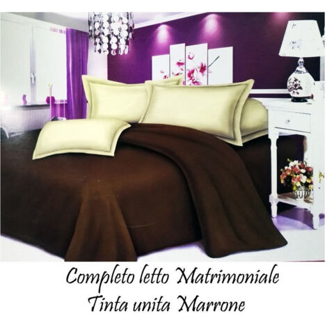 TRADE SHOP - Completo Letto Lenzuola Matrimoniale Con Copri Cuscini Tinta Unita Marrone -