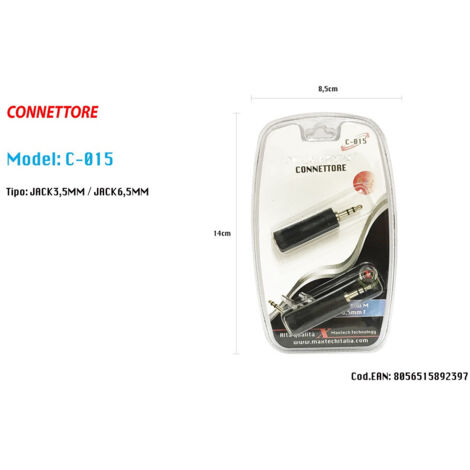 Trade Shop - Connettore Adattatore Stereo Jack 3.5mm Maschio - Jack 6.5mm Femmina Maxtech C-015 -