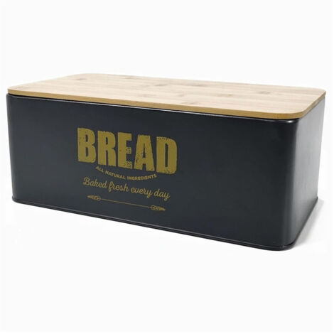 Trade Shop - Contenitore Portapane Vintage Nero Coperchio Tagliere In Legno Latta Alimenti -
