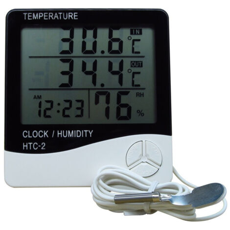 Trade Shop - DIGITALES THERMOMETER HYGROMETER TEMPERATUR FEUCHTIGKEIT ZEIT DATUM HAUS HTC-2 MIT SONDE -
