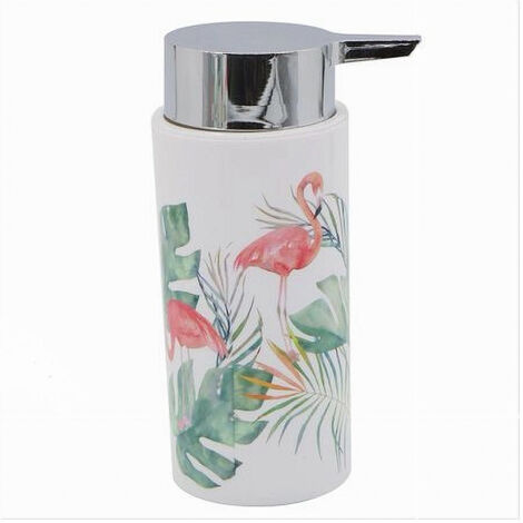 Trade Shop - Dispenser Porta Sapone Liquido Cilindrico In Plastica 15,6 Cm Fenicotteri 69963 -