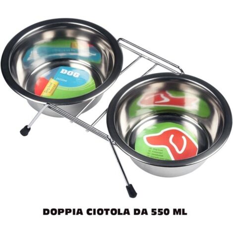 Trade Shop - Doppia Ciotola Con Supporto Per Cani 2x550ml Per Cibo Acqua Crocchette Acciaio