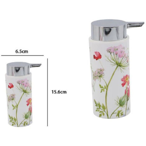 Trade Shop - Dosificador Cilíndrico De Jabón Líquido Plástico Blanco 15,6 Cm Flores 69922 -