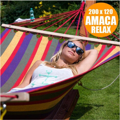 Trade Shop - EINZELNE GARTENHÄNGEMATTE XL AUS HOLZ BAUMWOLLE RELAX CAMPING 200X120CM 2 FARBEN -