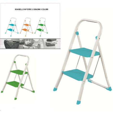 Trade Shop - FARBIGER EISENHOCKER LEITER 2 STUFEN HELLBLAU - GRÜN - ORANGE PRATIKO -
