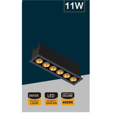 TRADE SHOP - Faretto Led Rettangolare Incasso 11w Luce 6000k 4000k 3000k Moderno Nero Xtd-6-n - -Bianco Naturale      -