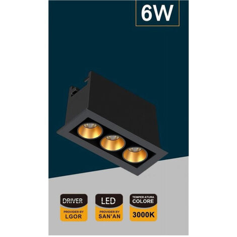 TRADE SHOP - Faretto Led Rettangolare Nero Da Incasso 6 W Luce Naturale Fredda Calda Xtd-3-n - -Bianco Caldo      -