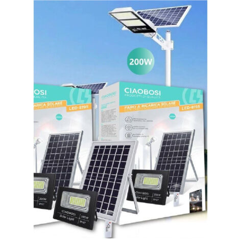 Trade Shop - Faro Faretto Led Pannello Solare Fotovoltaico Ip67 200w Con Led Telecomand -