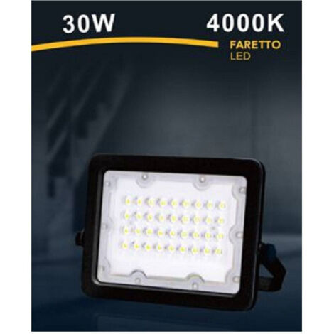 TRADE SHOP - Faro Faretto Led Proiettore Esterno Nero 30w Ip65 Luce 6500k 4000k 3000k Fs30w-n - -Bianco Naturale      -
