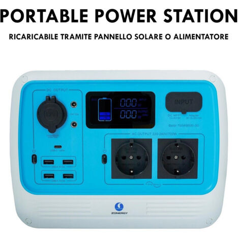 TRADE SHOP - Generatore Corrente 700w Portatile Ricarica Solare Batteria Prese Schuko Ac Usb-c -