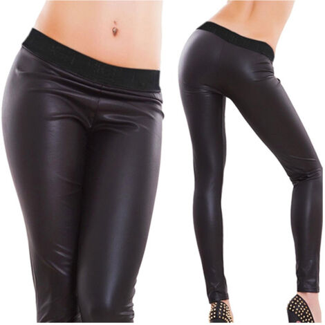Trade Shop - GLÄNZENDE SCHWARZE KUNSTLEDERLEGGINGS MIT PLÜSCHBUND RX3602 -    L