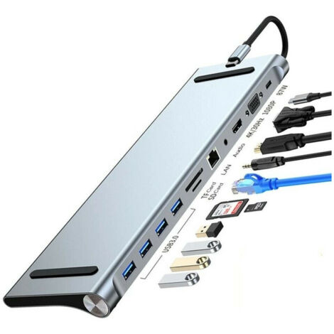 Trade Shop - HUB 11 IN 1 USB TYPE C ADAPTER MIT HDMI 4K VGA ETHERNET LAN SD AUDIO PD HU990 -