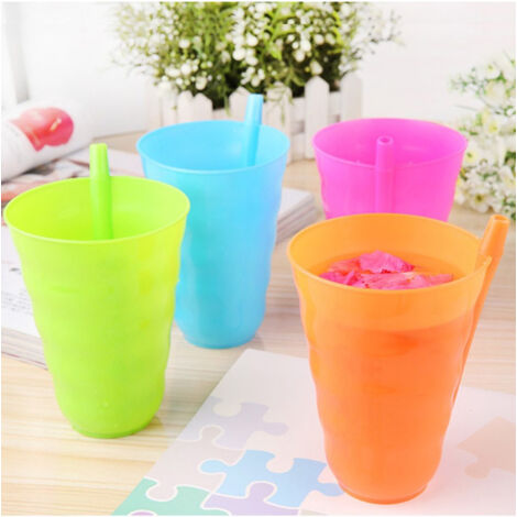 Trade Shop - Juego De 12 Vasos De Plástico De Colores Con Pajita Incorporada Para Niños -