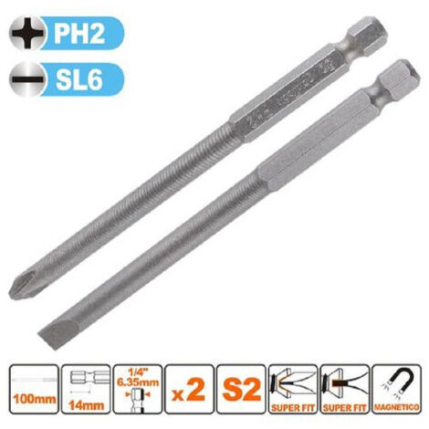 Trade Shop - KIT 2 BITS 100MM GAMBO 1/4" 6.35MM PUNTA S2MAGNETICA CROCE PH2 TAGLIO SL6 57250 -