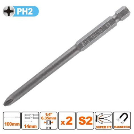 TRADE SHOP - Kit 2pezzi Di Bits Da 100mm Gambo 1/4" 6.35mm S2 Magnetica Croce Testa Ph2 57247 -