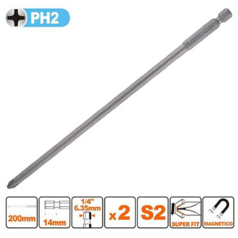 Trade Shop - Kit 2pezzi Di Bits Da 200mm Gambo 1/4" 6.35mm S2 Magnetica Croce Testa Ph2 57249 -