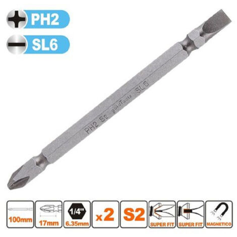 TRADE SHOP - Kit 2pz Di Bits Da 100mm Punte Doppie Inserti Ph2 + Sl6 Punta S2 Magnetica 57244 -