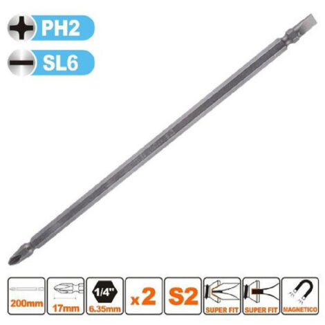 TRADE SHOP - Kit 2pz Di Bits Da 200mm Punte Doppie Inserti Ph2 + Sl6 Punta S2 Magnetica 57246 -