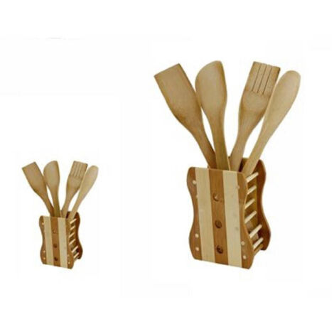 Trade Shop - Kit 5 Pz Cucina Porta Mestolo Mestoli In Legno Bambù Con 4 Mestoli Posate 67375 -