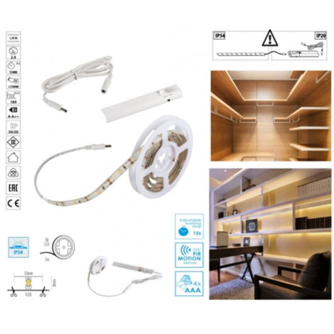 Trade Shop - KIT STRISCIA LED MIT SENSOR BIANCO CALDO 3000K 2,4W 180LM BATTERIE -