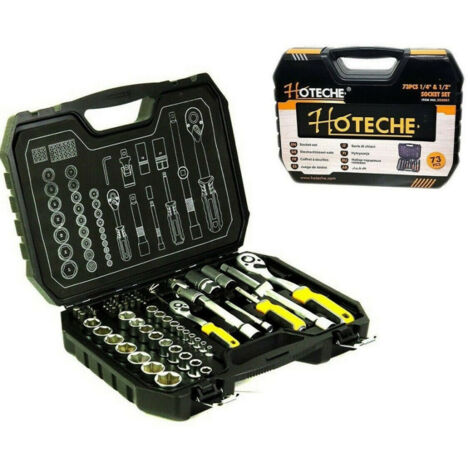 Trade Shop - KOFFERSATZ STECKSCHLÜSSEL 73 STÜCK 1/2" 1/4" UMSCHALTKNARRE -