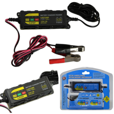 Trade Shop - Ladegerät mit Erhaltungsklemmen für Auto-Motorradbatterien, 5 Stufen, Notfall, 1 A, 12 V -