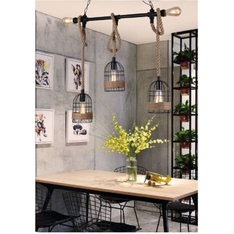 Trade Shop - Lampadario A Sospensione Stile Industriale In Metallo Corda Canapa Retrò B60-5 -