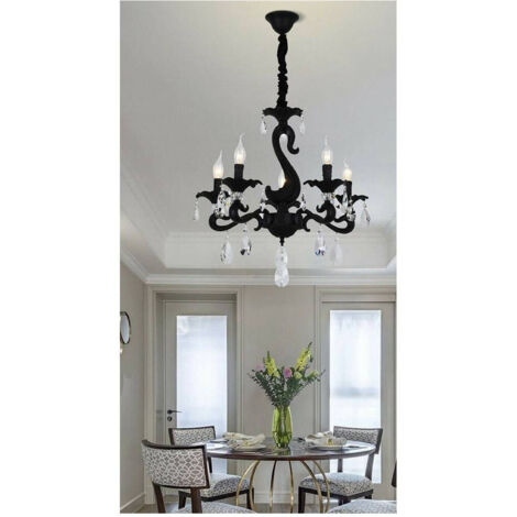 TRADE SHOP - Lampadario Classico Attacco E14 5 Bracci Con Pendenti In Acrilico Lampada A15-5 - Nero