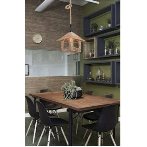 TRADE SHOP - Lampadario In Corda Canapa Stile Vintage Retro Lampada Country Attacco E27 A56 -