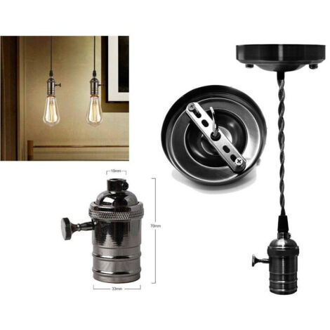 TRADE SHOP - Lampadario Pendente Vintage Da Soffitto Sospensione E27 Con Interruttore Nero Metal -