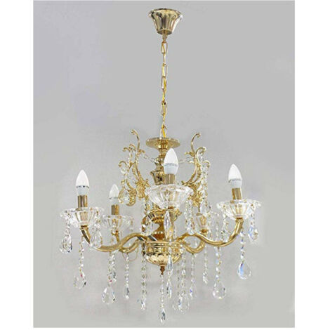 Trade Shop - Lampadario Soffitto 5 Bracci A Sospensione Con Catena Gocce Pendenti Lampada A12 -      Oro