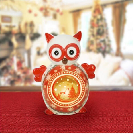 Trade Shop - Lanterna Ceramica Gufo Con Candela Elettrica 14 Cm Decorazioni Natalizie -