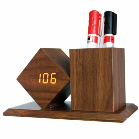 Trade Shop - LED-SCHREIBTISCHWECKER AUS HOLZ MIT EINGEBAUTEM STIFTHALTER -