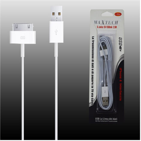 Trade Shop - LIGHTNING-KABEL APPLE IPHONE 4 30-PIN AUF USB 5V-1500MA 2,5MT MAXTECH F-IP005 -