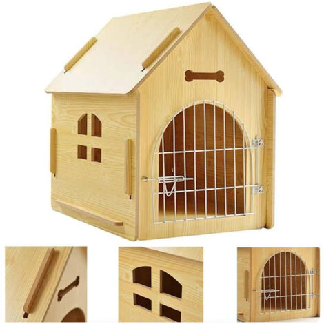 Trade Shop - MDF-ZWINGER AUS HOLZ FÜR KLEINE BIS MITTELGROSSE HUNDE IN HAUSFORM 44X57X59CM -
