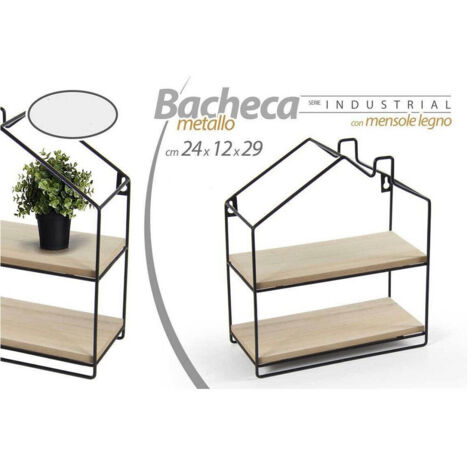 Trade Shop - Mensola Bacheca Parete Casetta Metallo 24x12x29cm Nero 2 Ripiani In Legno 818707 -