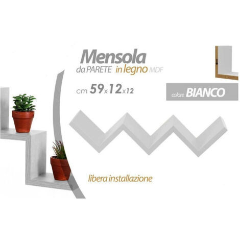 TRADE SHOP - Mensola Da Parete Scala Scaletta In Legno Mdf Bianco Zig Zag 59x12x12 Cm 621765 -