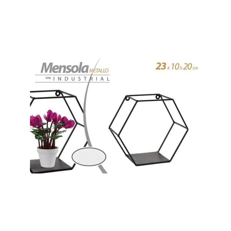 Image of Trade Shop - Mensola Esagonale Bacheca Parete Metallo Classico Moderno Nero 23x10x20cm 822193