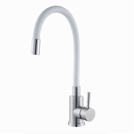 Trade Shop - Miscelatore Rubinetto Lavello Cucina Canna Flessibile Bianco Acciaio Satinato 52688 -