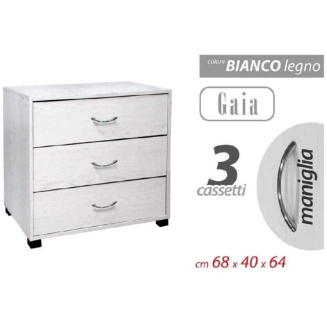 Trade Shop - Mobile Cassettiera Comodino Comò Gaia 3 Cassetti Bianco Legno 68x40x64cm 768675 -