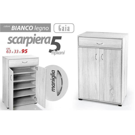 TRADE SHOP - Mobile Scarpiera Armadio 2 Ante Cassetto 5 Ripiani Legno Bianco 95x63x33cm 770937 -