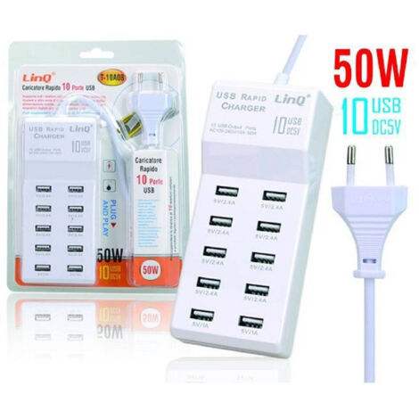 Trade Shop - Multipres Caricator Rapido 50 Watt 10 Usb Dc5v T-10a08 Para Smartphone -
