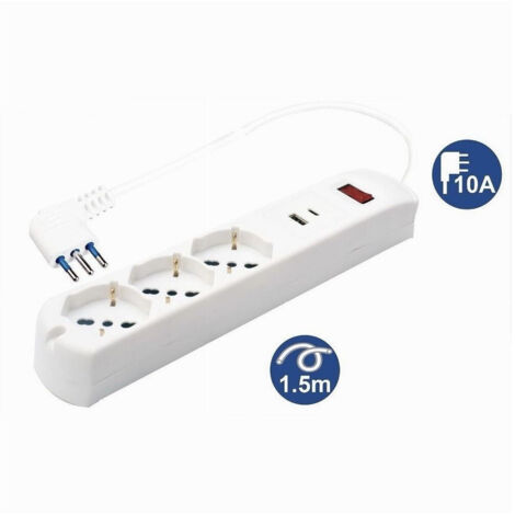 Trade Shop - Multipresa 5 In 1 Usb A + C + 3 Prise Para Schuko / Bipasso / Eu Cavo 1.5mt 80081 -