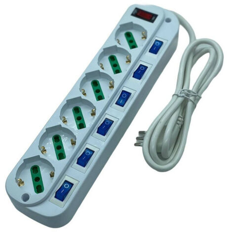Trade Shop - Multipresa Ciabatta Elettrica Con 6 Prese Universali Ita 10/16a Schuko Bipasso -