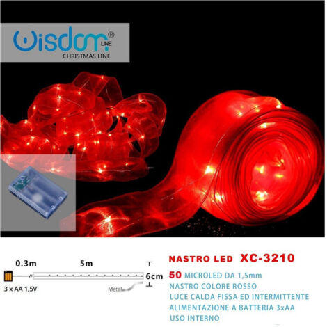 TRADE SHOP - Nastro Luminoso Rosso 50microled Batteria Luce Calda Fissa+intermittente Xc-3210 -