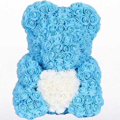 TRADE SHOP - Orsacchiotto Orsetto Orso Di Rose Con Fiori Da 25cm Celeste Con Cuore Bianco -