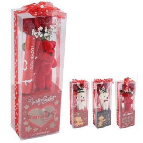 TRADE SHOP - Orsetto Peluche Con Fiore Confezione Regalo Per San Valentino 10x7.5x30cm 63300 -
