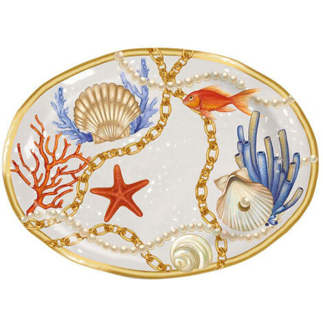 Trade Shop - Ovales Tablett mit Muscheln und Korallen im maritimen Stil, 40 x 30 cm -
