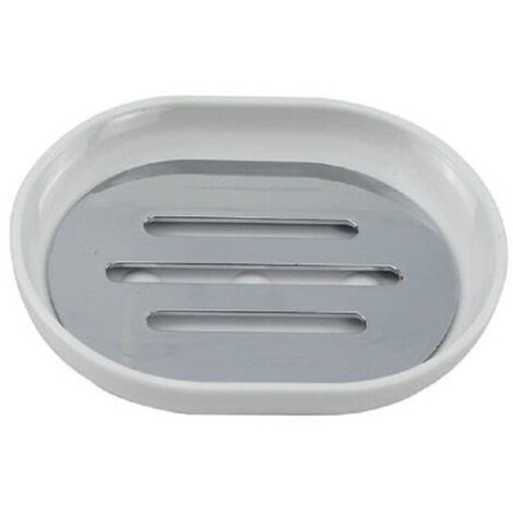 TRADE SHOP - Piattino Porta Sapone Saponetta Bianco Silver Accessori Bagno 12.5x9.5 Cm 69464 -